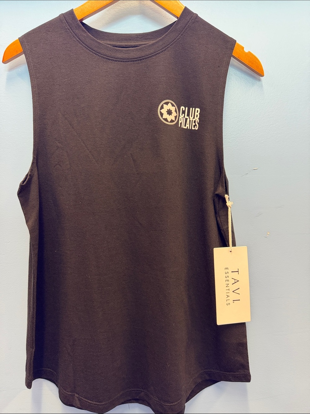 Club Pilates Tavi Essentials Black Muscle Tank with Club Pilates Logo in pink